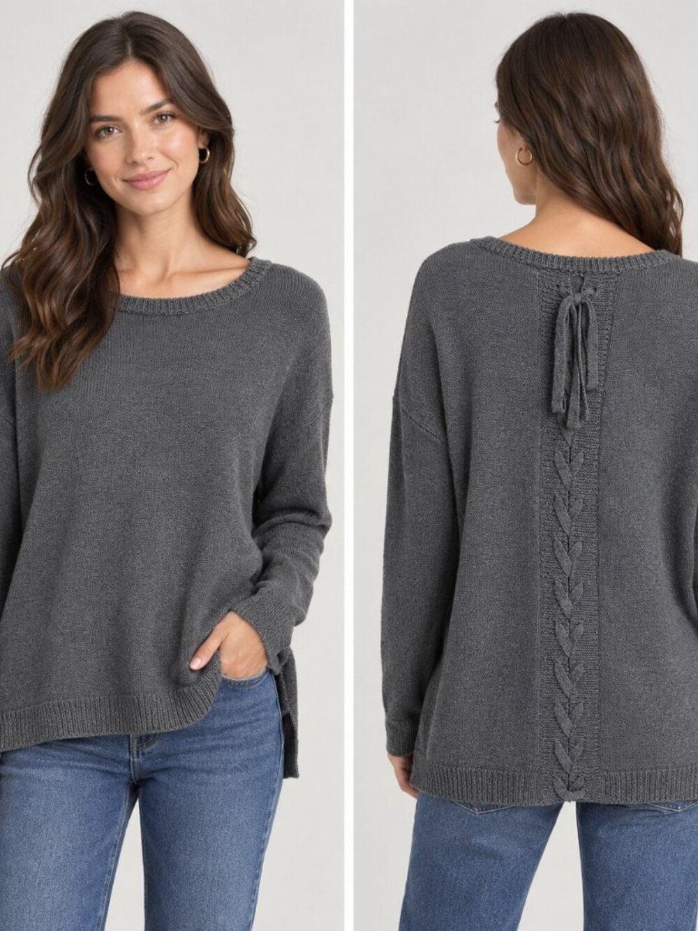 Lulus Gray Lace-Up Back Knit Tunic Sweater, Size S NWT